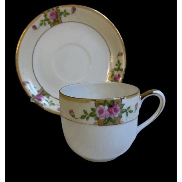 Antique Demitasse Cup and Saucer Pink Tea Roses Hand Painted Gilt Trim Nippon - Picture 2 of 16